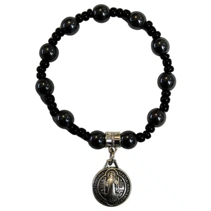 Pulseira São Bento Hematita Medalha Prata