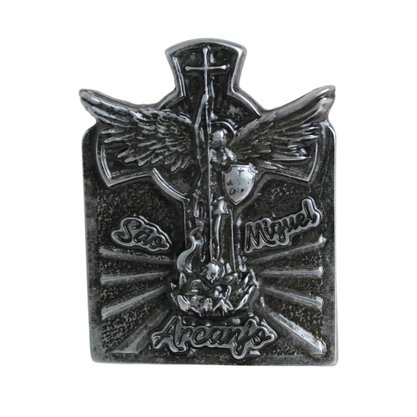 Quadro Cruz São Miguel Arcanjo de Metal Prata Velho - 7,5 cm