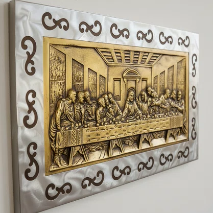 Quadro de Santa Ceia Metal Bronze Borda Inox - 44 cm x 78 cm