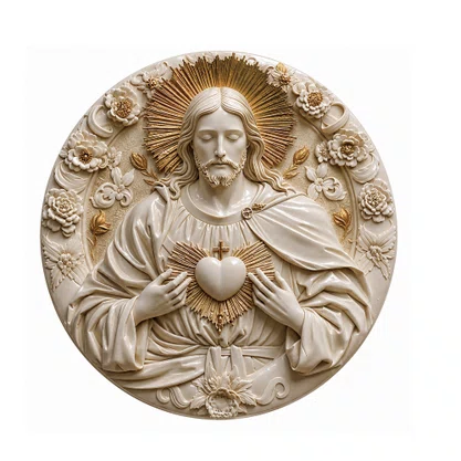 Quadro do Sagrado Coração de Jesus Redondo Brilhante Parede e Mesa - 20 cm
