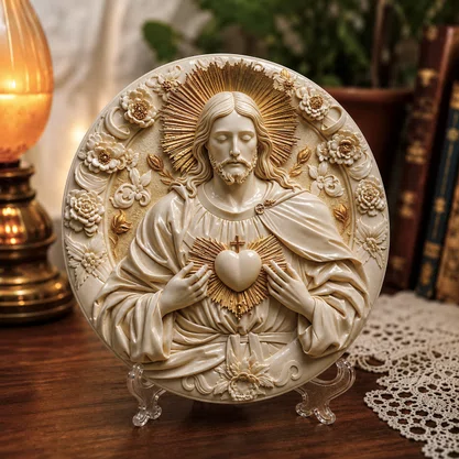 Quadro do Sagrado Coração de Jesus Redondo Brilhante Parede e Mesa - 20 cm