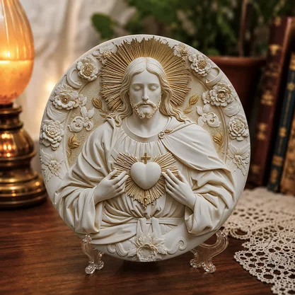 Quadro do Sagrado Coração de Jesus Redondo Fosco Parede e Mesa - 20 cm