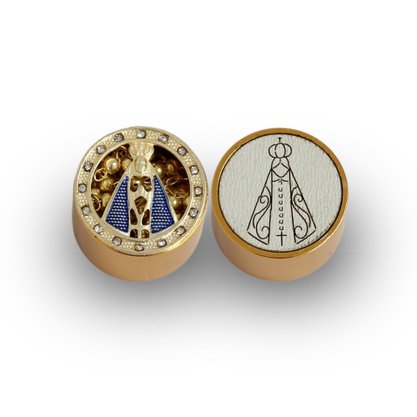 Relicário Dourado com Terço de Nossa Senhora Aparecida Tampa Vazada