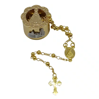 Relicário e Terço Dourado de Nossa Senhora Aparecida Tampa Vazada 2 Mm