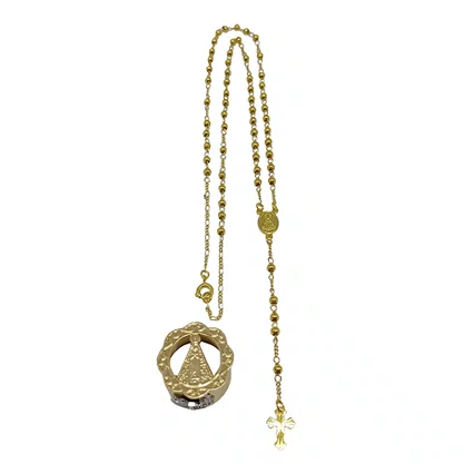 Relicário e Terço Dourado de Nossa Senhora Aparecida Tampa Vazada 2 Mm