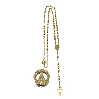 Relicário e Terço Dourado de Nossa Senhora Aparecida Tampa Vazada 2 Mm
