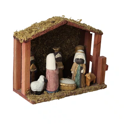 Resina Importada Presépio Infantil com Estábulo de Madeira - 16 cm x 20 cm
