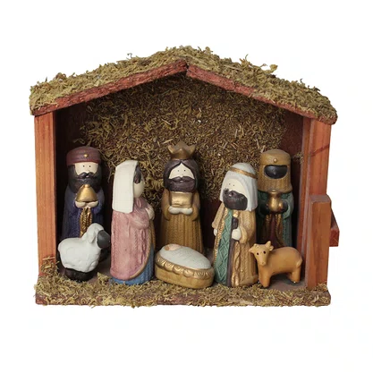 Resina Importada Presépio Infantil com Estábulo de Madeira - 16 cm x 20 cm
