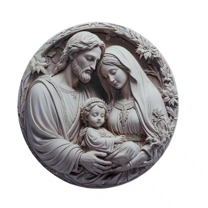 Quadro da Sagrada Família Preto e Branco Redondo Parede e Mesa - 20 cm