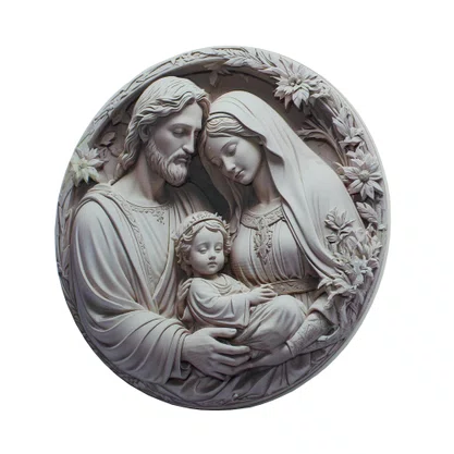 Quadro da Sagrada Família Preto e Branco Redondo Parede e Mesa - 20 cm