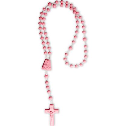 12 unid - Terço Nylon Rosa Claro Leitoso Entremeio Sag Coração de Jesus e Nossa Senhora Aparecida 27cm