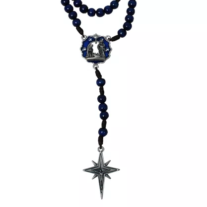 Terço de Natal Azul Metálico Entremeio Nascimento de Jesus 8 mm