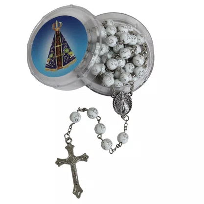Terço de Nossa Senhora Aparecida Conta Cruz Branco 8 mm