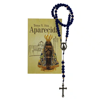 Terço de Nossa Senhora Aparecida Contas de Camurça Azul 8 mm