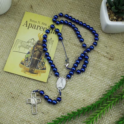 Terço de Nossa Senhora Aparecida Pescoço Conta Azul - 8 mm