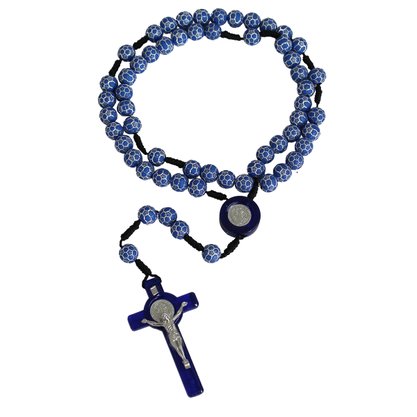 Terço de São Bento Contas Azul Detalhe Prata 8 mm