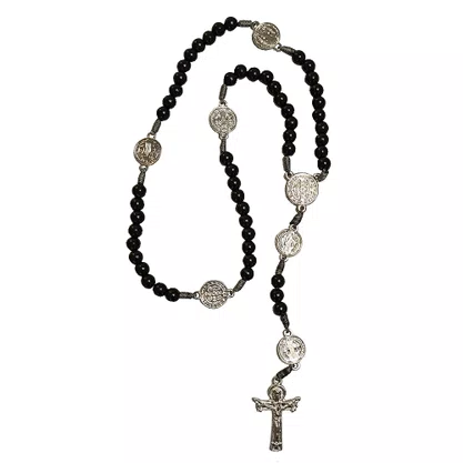 Terço de São Bento Plástico Preto Entremeio Prata 8 mm
