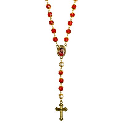 Terço de Carlo Acutis Semi Cristal Vermelho e Dourado - 7 mm