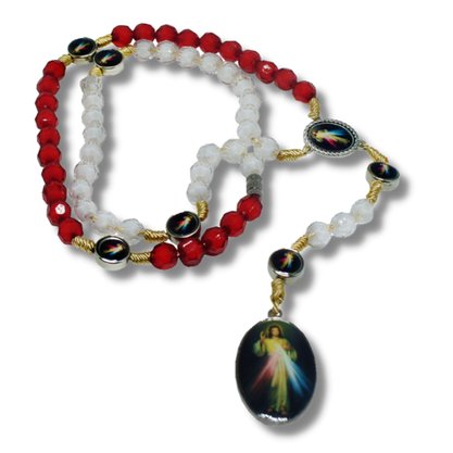 Terço Dupla Face Jesus Misericordioso e Divino Espirito Santo Vermelho e Branco