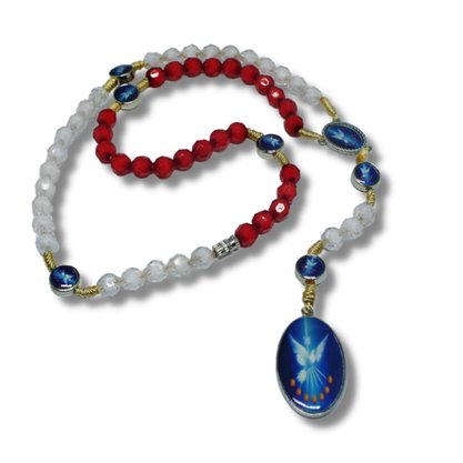 Terço Dupla Face Jesus Misericordioso e Divino Espirito Santo Vermelho e Branco