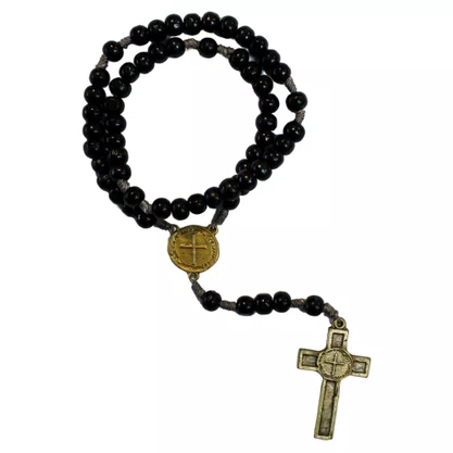 Terco Madeira Preta 2 Cruzes Trevo e Cruz Prata 8mm