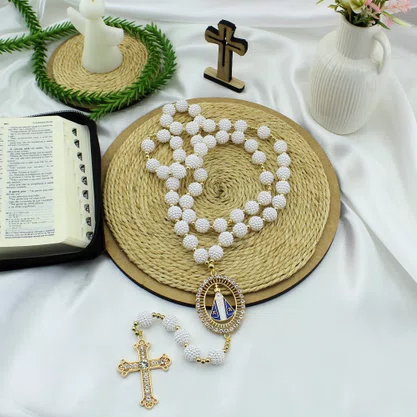Terço Noiva de Nossa Senhora Aparecida Crespo Branca - 12 mm