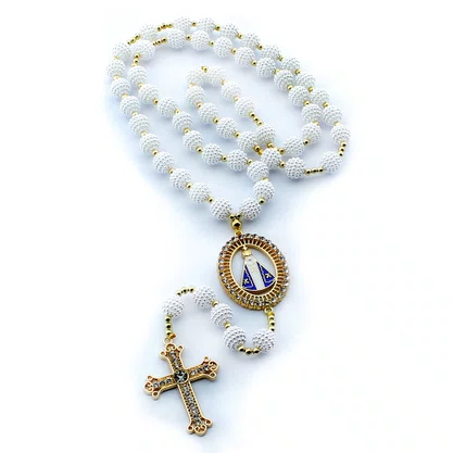 Terço Noiva de Nossa Senhora Aparecida Crespo Branca - 12 mm