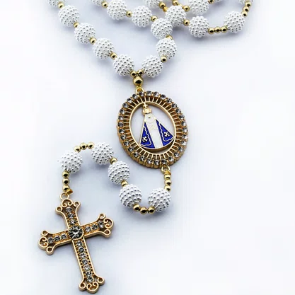 Terço Noiva de Nossa Senhora Aparecida Crespo Branca - 12 mm