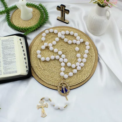 Terço Noiva de Nossa Senhora Aparecida Crespo Branca - 12 mm