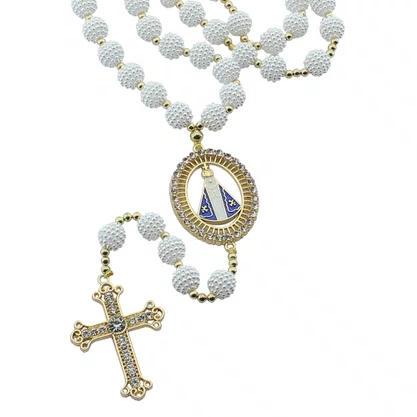 Terço Noiva de Nossa Senhora Aparecida Crespo Branca - 12 mm