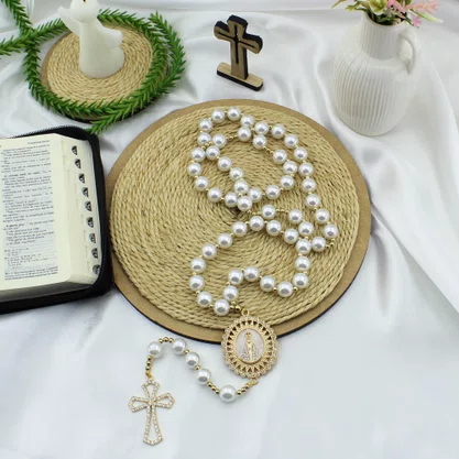 Terço Noiva de Nossa Senhora Aparecida Perola Branca - 12 mm
