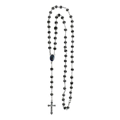 Terço Nossa Senhora Aparecida Preto com Detalhe Prata - 8 mm