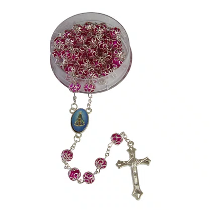 Terço Nossa Senhora Aparecida Rosa com Detalhe Prata - 8 mm