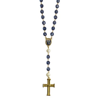 Terço de Nossa Senhora das Graças Semi Cristal Azul e Dourado - 10 mm