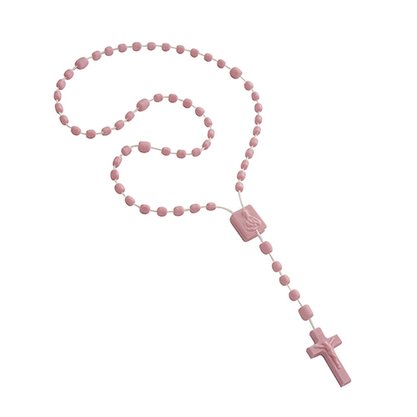 12 Unid - Terço Nylon Rosa Claro Leitoso Entremeio Sagrado Coração de Jesus e Nossa Senhora Aparecida 35cm