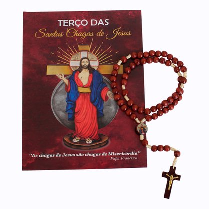 Terço Oração Santa Chagas de Jesus Madeira Vermelha - 8 Mm