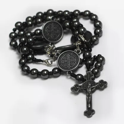 Terço Pai Nosso Medalha São Bento Hematita 8 mm