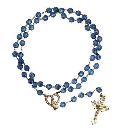 Terço Semi Cristal Azul e Dourado Nossa Senhora Aparecida - 8 mm