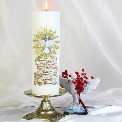 Vela Pentecostes 7 Dons do Espírito Santo Relevo Branca