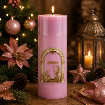 Vela Advento Rosa para Altar Nascimento Dourado - 20 x 7 cm 