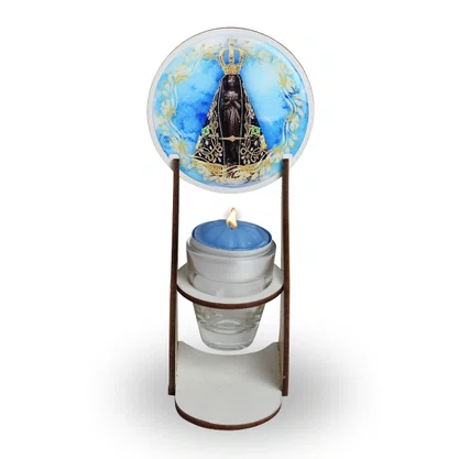 Vela Nossa Senhora Aparecida com Suporte em MDF Recho de Vidro com Vela - 15 cm