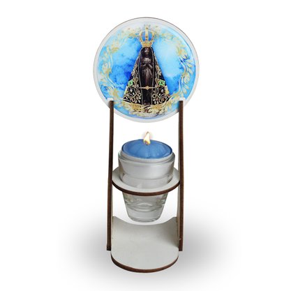 Vela Nossa Senhora Aparecida com Suporte em MDF Recho de Vidro com Vela - 15 cm