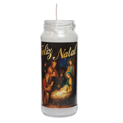 Vela Vidro Natal Presépio Fundo Vermelho - 16 cm