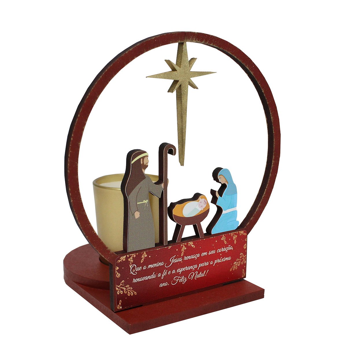 Natal Sagrada Família MDF Vela Vidro Dourado - 16 cm x 15 cm