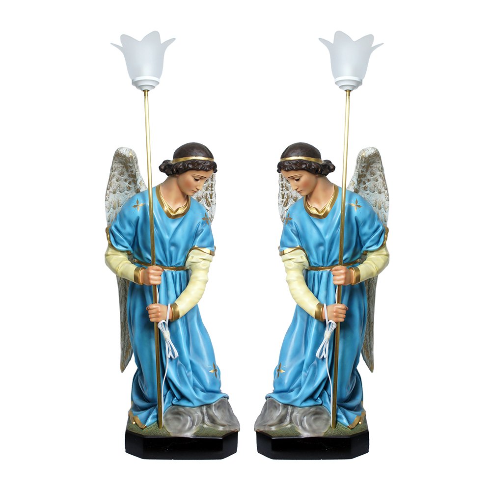 Resina Nacional Com Luminaria Conjunto Anjos Adoradores Coloridos Com Olhos De Vidro 78cm Casa Da Mae