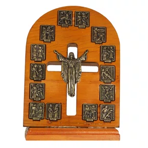 Adorno de Mesa Via Sacra e Cristo Ressuscitado Ouro Velho - 23 x 15 cm 