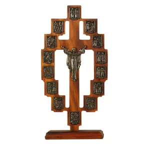 Adorno de Mesa Via Sacra e Cristo Ressuscitado Ouro Velho - 29 x 14 cm 