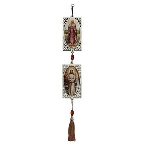 Adorno de Porta Nossa Senhora das Lágrimas e Jesus Manietado Retangular com Pompom Marrom