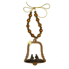 Adorno de Porta Sino Sagrada Família Contas Marrom e Dourado - 21 cm x 9 cm