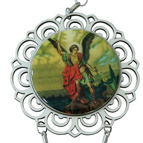 Adorno Mandala de Porta São Miguel Arcanjo Flor de Madeira 2 Medalhas 22,5  x 10,5 - Casa da Mãe Artigos Religiosos